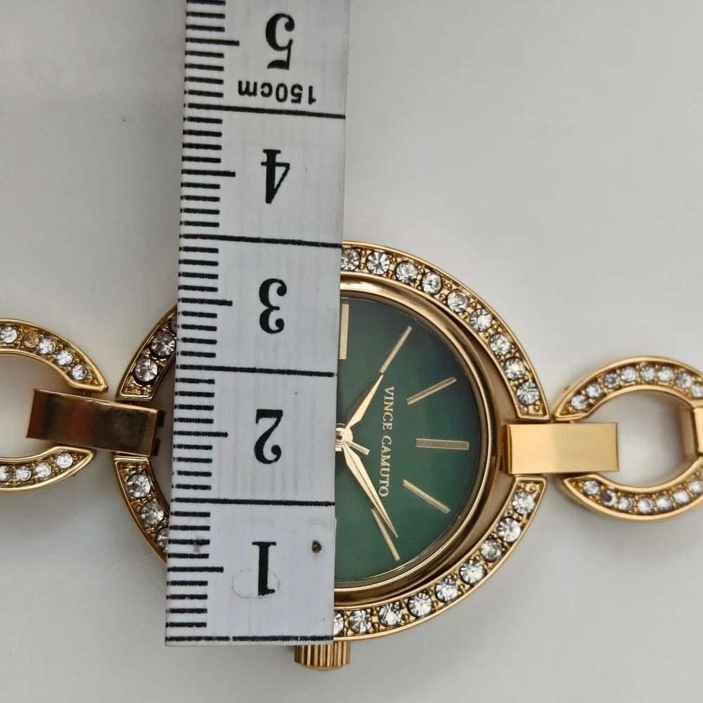 Vince Camuto Women Gold Tone Green Dial Crystal Watch Set Removable Leather Band